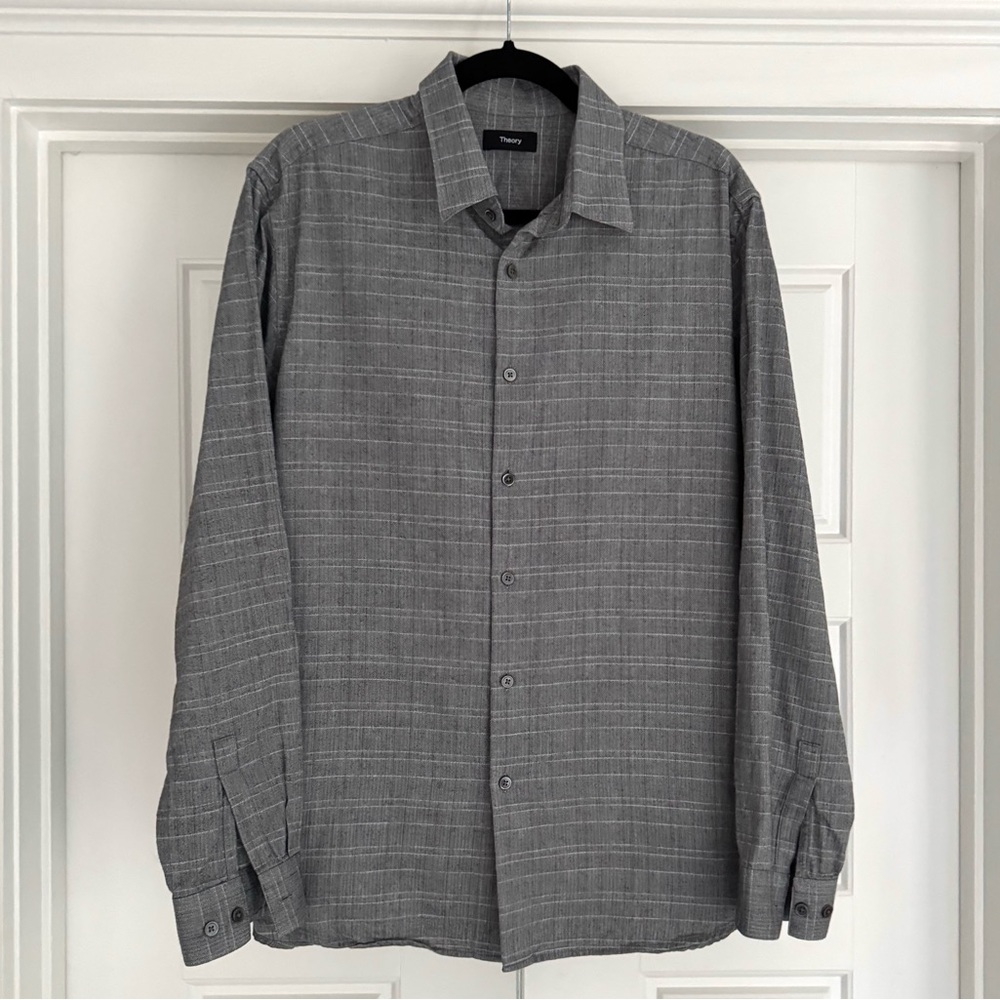Theory Men’s Grey Herringbone Plaid Button Down Shirt - Large